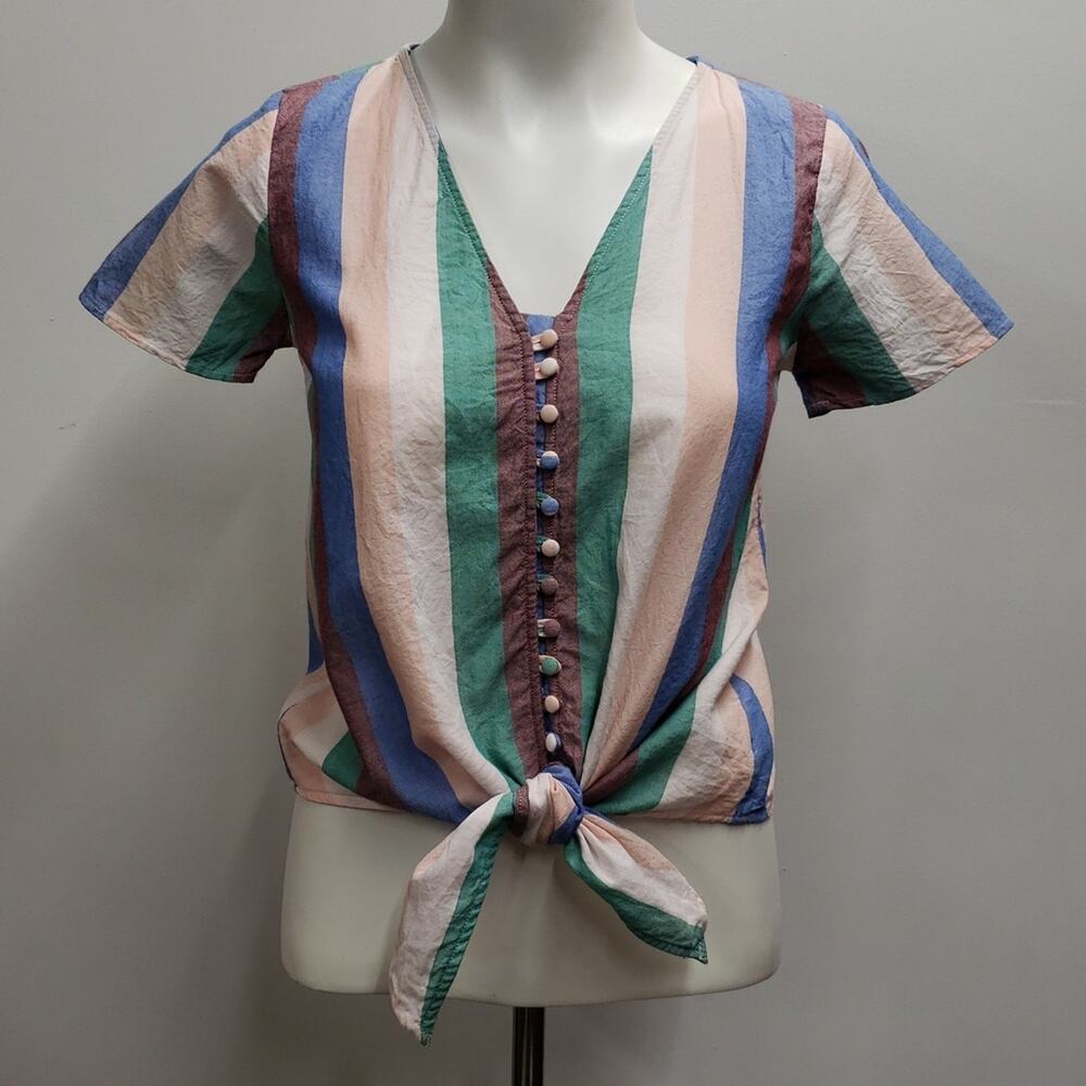 Madewell Striped V Neck Short Sleeve Button Front Tie Front Shirt XXS